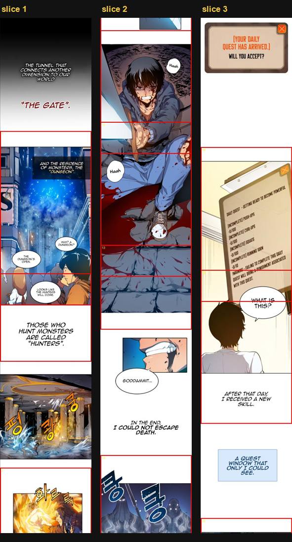 Three low-resolution Solo Leveling strip excerpts side by side, each showing vertical webtoon slices separated by red detector boundaries.